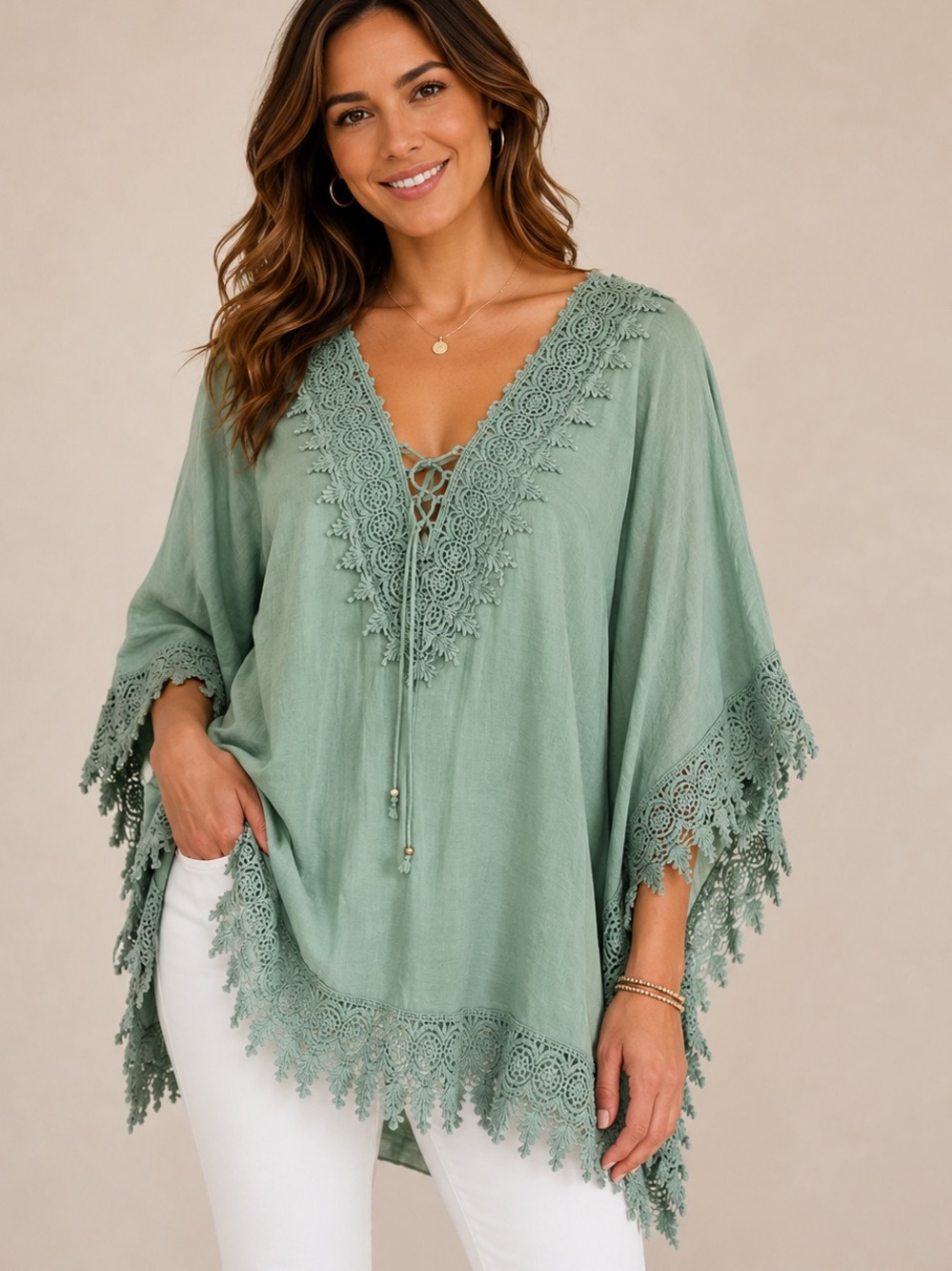 Vintage light green kaftan-style tunic by Pink Cattlelac